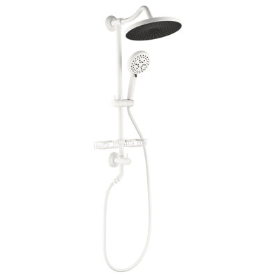 Système de salle de bain avec pomme de douche à effet pluie de 10 po offrant une meilleure douche, barre coulissante réglable à 4 mains et porte-savon - Douche murale en laiton blanc ressemblant à de la pluie naturelle, pour montage