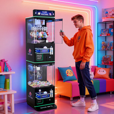 Machine à grue à griffes, machine de jeu d'arcade de taille moyenne avec griffe + grippage double couche, lumière et son, distributeur de bonbons Grabber, distributeur de prix, pour cinéma maison, noir et violet