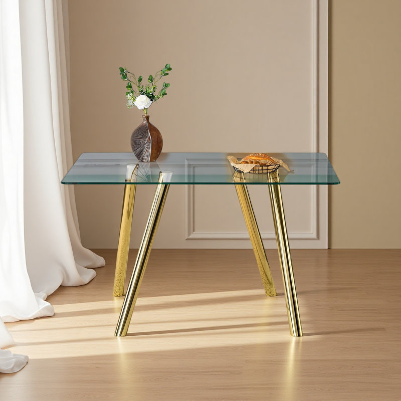 Table de salle à manger en verre trempé 51 pouces, 30”H x 51”L x 31.5”W, Doré
