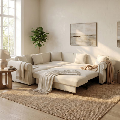 88.22" L-Shaped Sleeper Sectioonal Sofa Couch with Pull-Out Bed, Chenille Upholstered Oversize Convertible Sleeper Sofa with Nailhead Trim & Rolled Arm for Living Room, Apartment, Office
