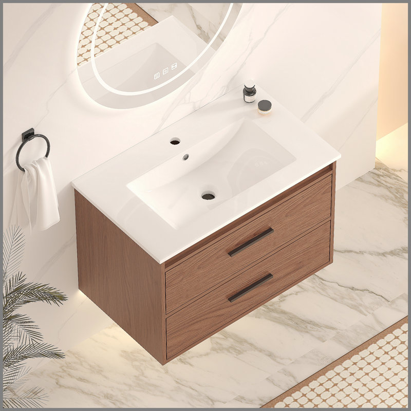 30" reddish brown Wall Mounting Bathroom Vanity, Soft Close 2 Drawer