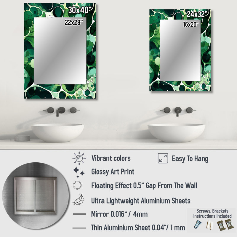 Green Popart Techno Tangles - miroir en marbre, miroir mural moderne unique, impression d'art en métal, 32 po x 24 po