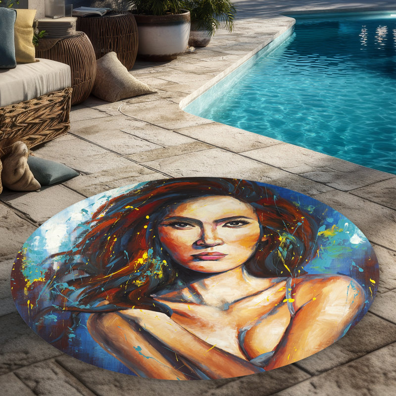 Closer Figurative Woman Round Outdoor Rug | Home Decor