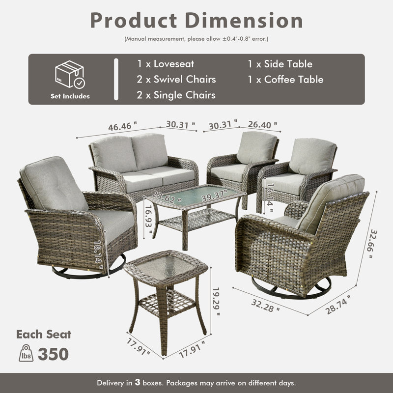 Allcot 6 - Person Wicker/Rattan Outdoor Loveseat Seating Group with Coffee Table and Cushions, All Weather Conversation Set for Garden Backyard