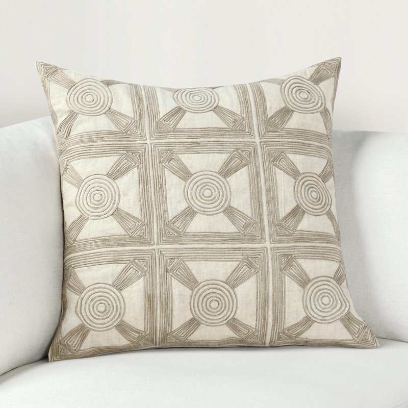 Baia 14x26 Embroidered Belgian Linen Fabric Natural Throw Pillow, Beige;Cream Geometric, Square, 20"H x 20"W