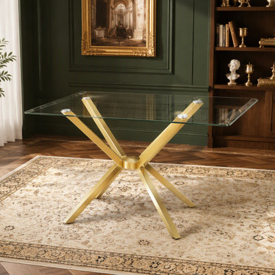 Table de salle à manger 47,24 "rectangulaire en verre trempé transparent, design élégant avec pieds en métal, table de salle à manger