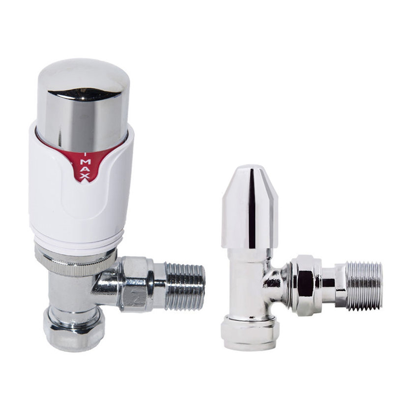 Thermostatic TRV Valve And Manual Radiator Rad Valve Angled Pair 15Mm X 1/2" White Chrome