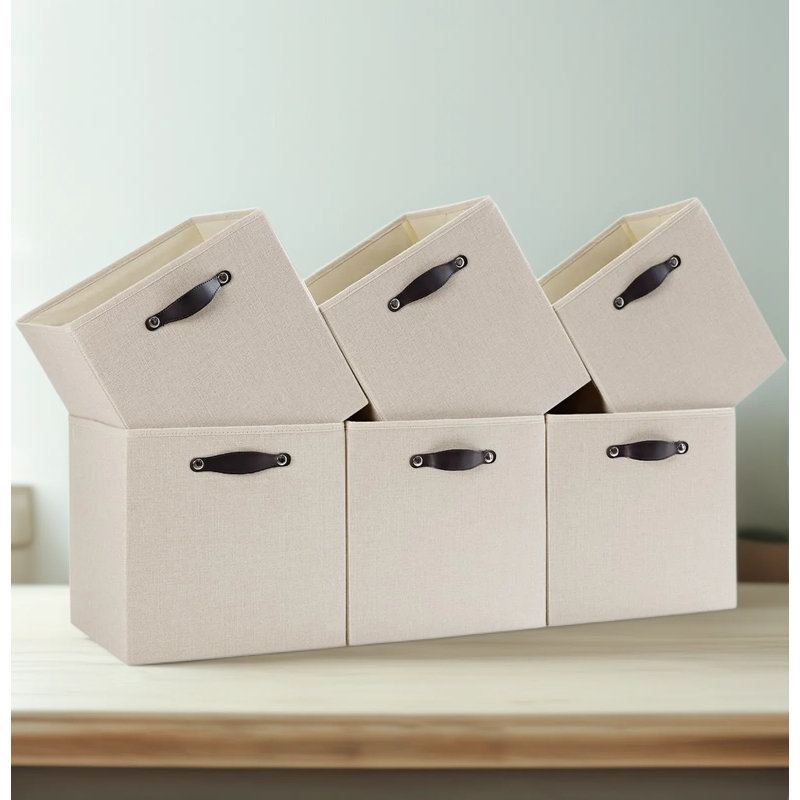 Ensemble de 6 paniers de rangement, paniers de rangement en tissu 10,5 x 10,5 po x 11 po pour bibliothèque, armoire, garde-robe, tissu beige haute densité avec insertions en carton renforcé