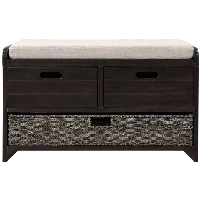 Storage Bench With Removable Basket And 2 Drawers, Fully Assembled Shoe Bench With Removable Cushion (Navy), Espresso