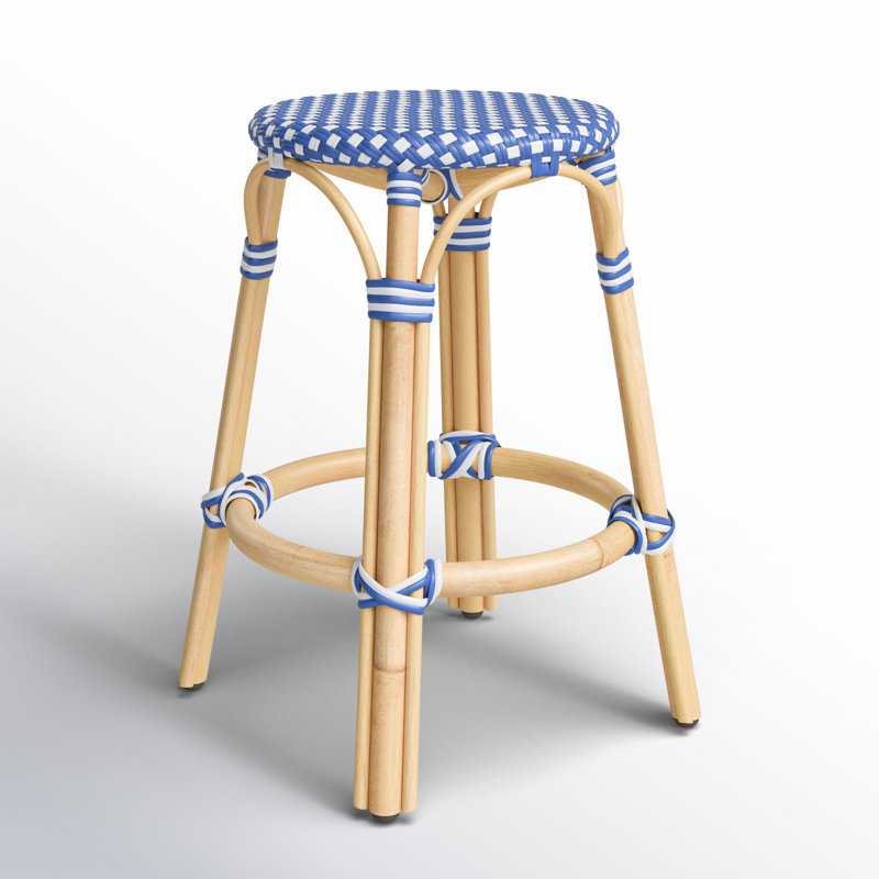 Tobias Rattan Bar Stool & Counter Stool, Blue/White Dot/Natural Rattan Frame, Counter Stool (24" Seat Height)