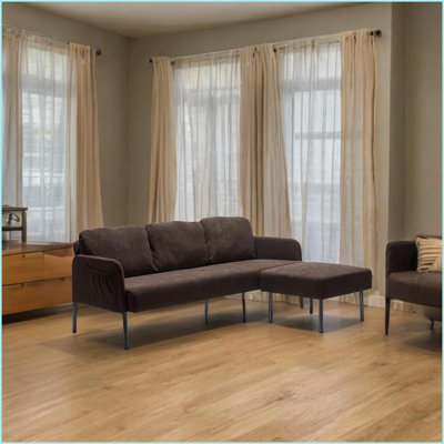 Canapés: Canapé en L 3 places en polyester brun noyer moderne avec repose-pieds pour petits espaces | Noyer brun | Tissu en polyester