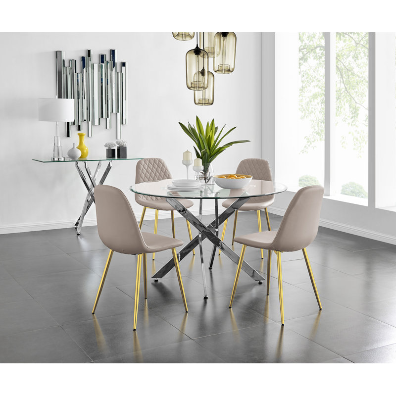Tierra Chrome Metal and Glass Round Dining Table Set with 4 Faux Leather Upholstered Dining Chairs, Cappuccino Beige, Gold