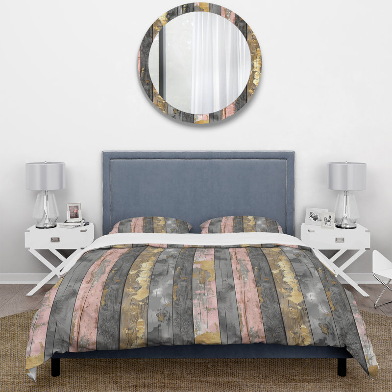 Ensemble de housse de couette Blush Grey and Gold Wood Plank I - Country, Housse de couette simple + 2 taies décoratives st