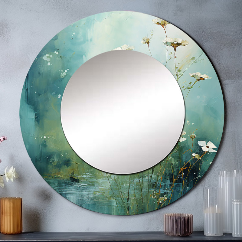 Misty Meadow IV - Landscapes Decorative Wall Mirror, Modern Large Round Mirror, Printed Metal Art, 23" x 23"