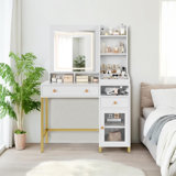 White Large Vanity Desk With Mirror, Led Lights And Power Outlet