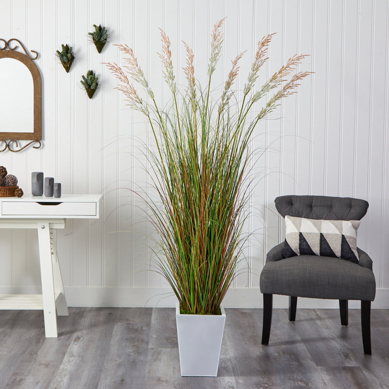 Faux Wheat Grass in Metal Planter, 74" H x 25" W x 25" D, Yellow
