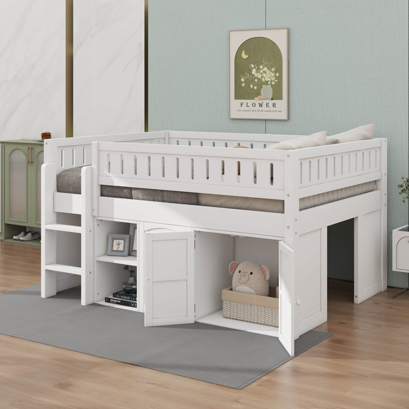 Lit mezzanine double avec armoire de rangement et tableau noir, Blanc