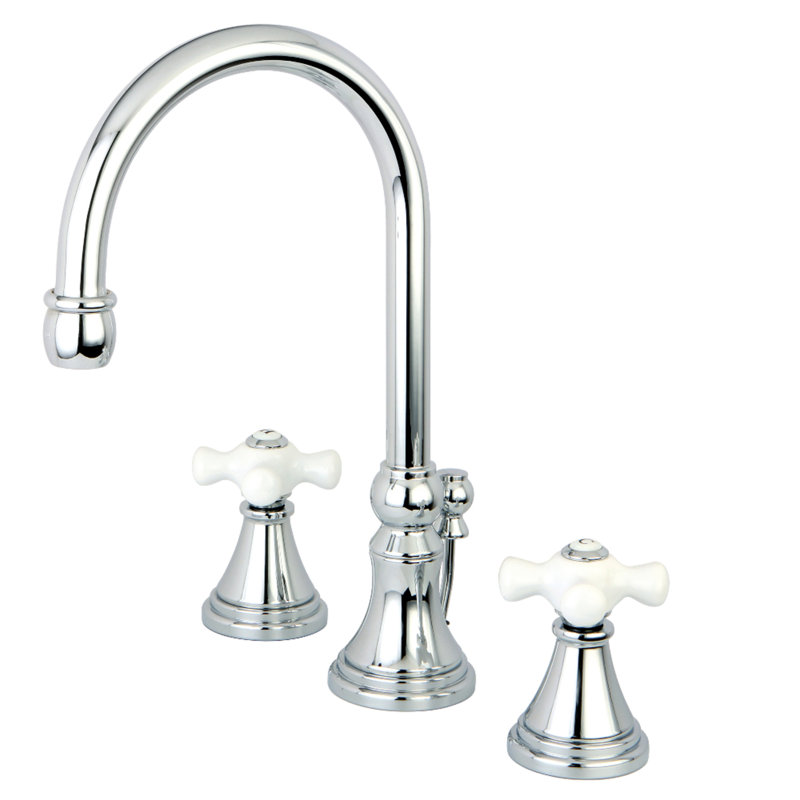Madison Widespread Bathroom Faucet with Double Porcelain Cross Handles, Polished Chrome