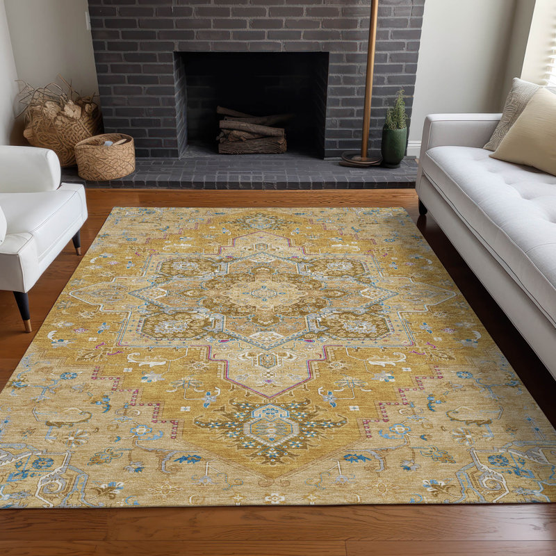 Gold Flat Woven Synthetic Rectangular Washable Rug 46" x 30"