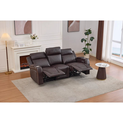 Canapé inclinable électrique trois places avec lumière DEL, porte-gobelet et espace de rangement.