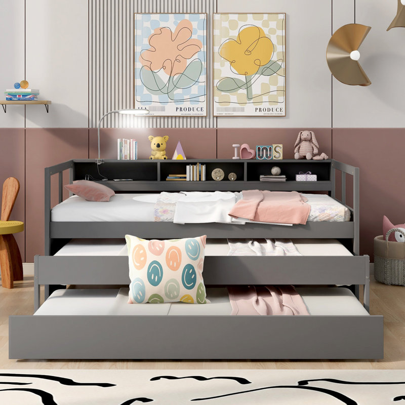 Lit de jour simple TG avec 2 lits gigognes et 3 espaces de rangement gris, Gris