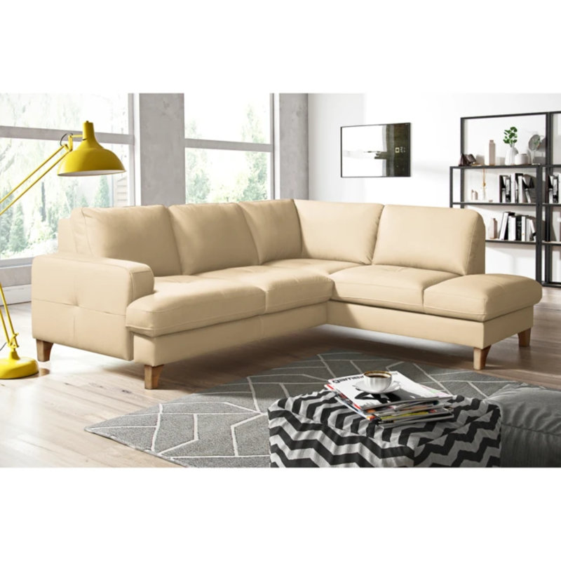 Damar Leather Corner Sofa with Sleeping Function and Storage, Damar Beige Genuine Leather, Right Hand Facing