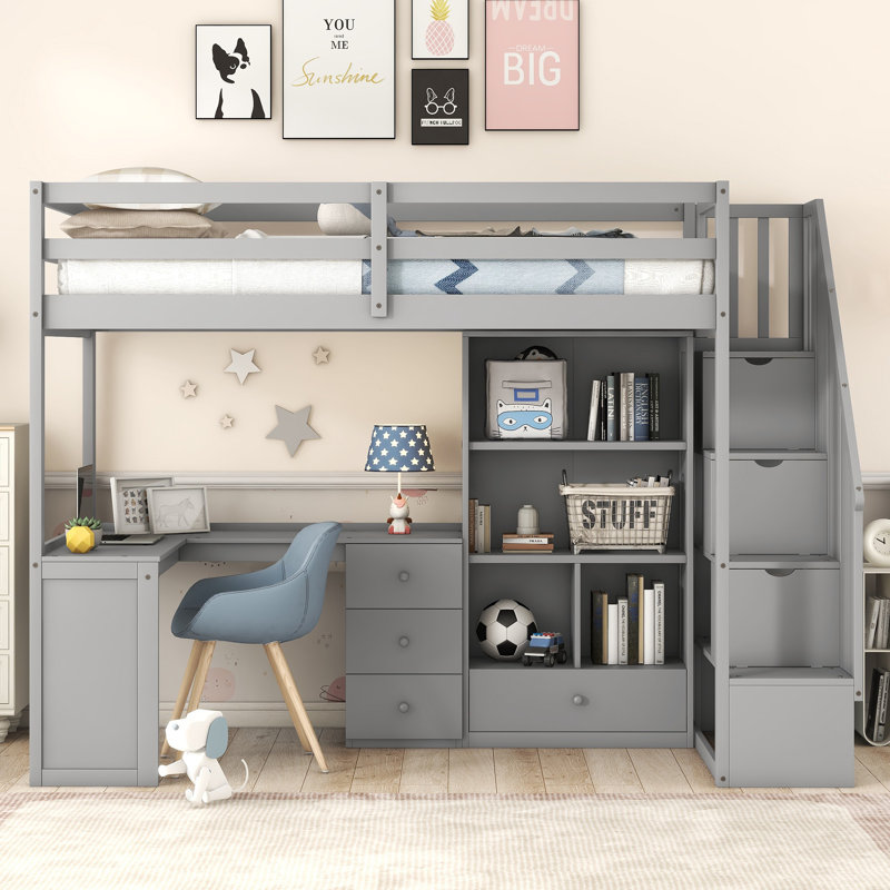 Lit mezzanine simple avec bureau en L et tiroirs, armoire et escalier de rangement, gris