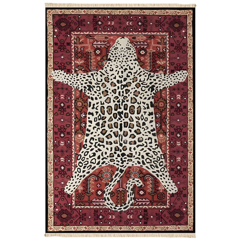 Tapis 100% coton bourgogne et lavable à la machine 4 pi x 6 pi avec imprimé léopard des neiges