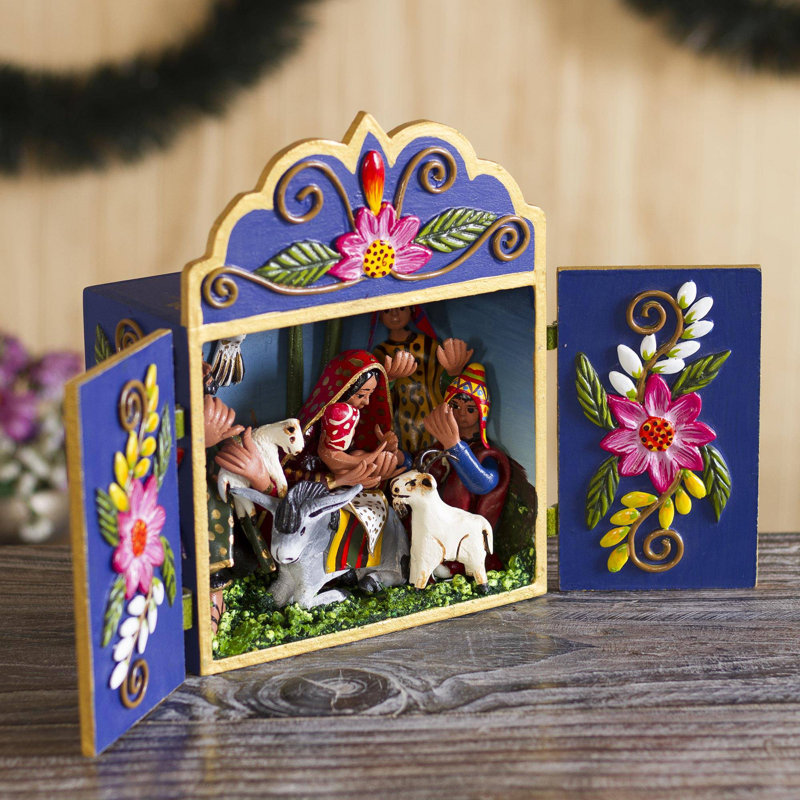 Décoration murale retablo en bois et en céramique merveilleuse crèche