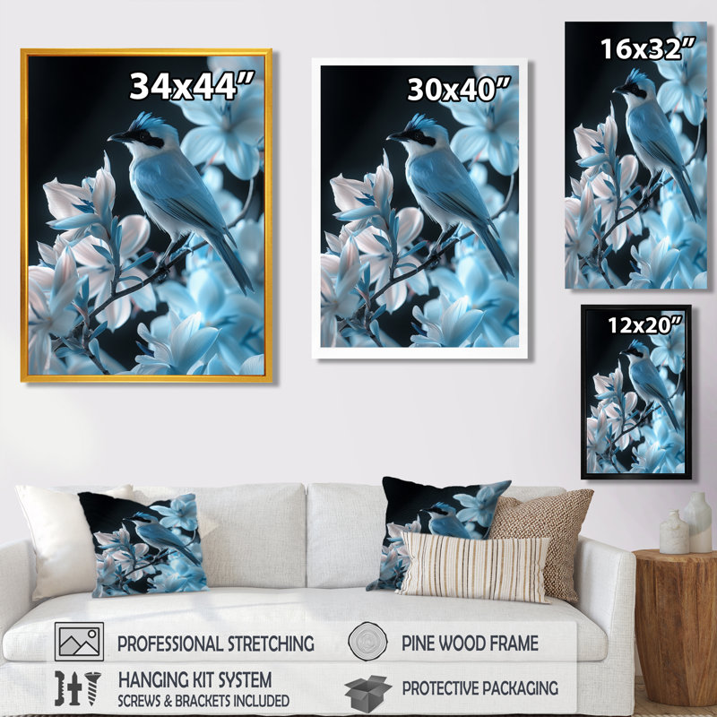 Oiseaux tropicaux bleus et noirs tropicaux - décoration murale oiseau, Toile encadrée flottée blanche
