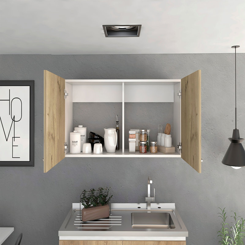 Armoire murale H 19 po, deux portes, deux tablettes internes, blanc / chêne clair, White/Light Oak