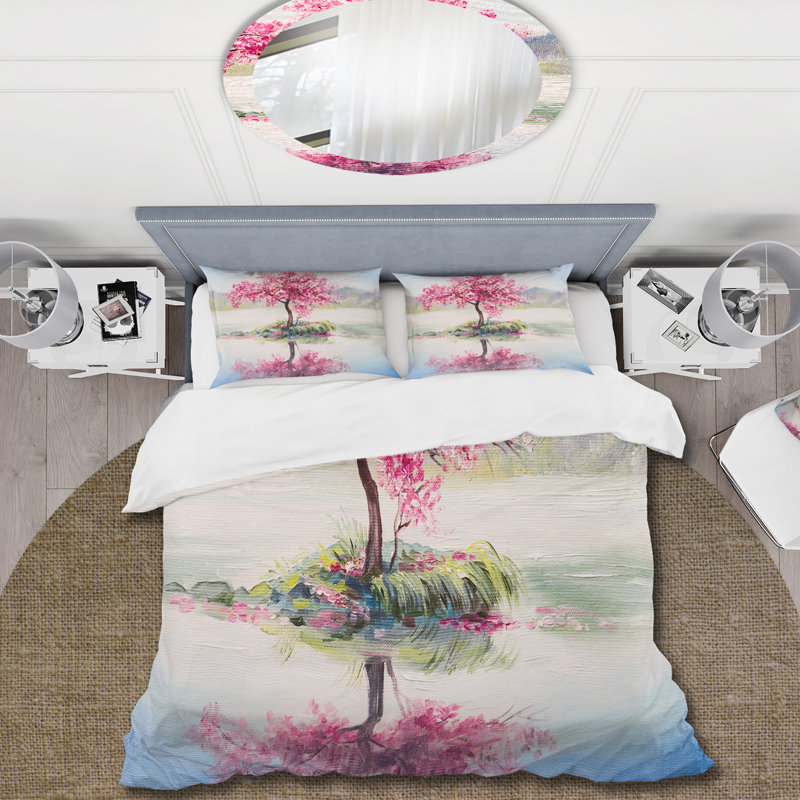 Cerisier oriental sur le lac - Ensemble de housse de couette Lake House - Polyester microfibre