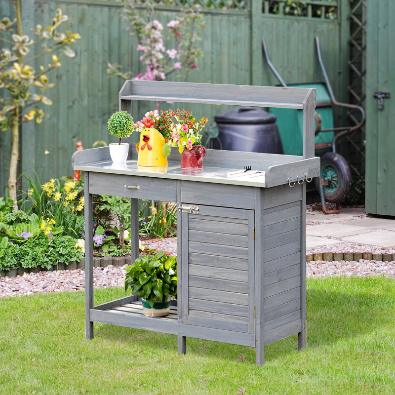 Banc de jardinage, poste de travail extérieur avec armoire de rangement et tablette, table de table rouille grise, unité d'espace supplémentaire, rouille