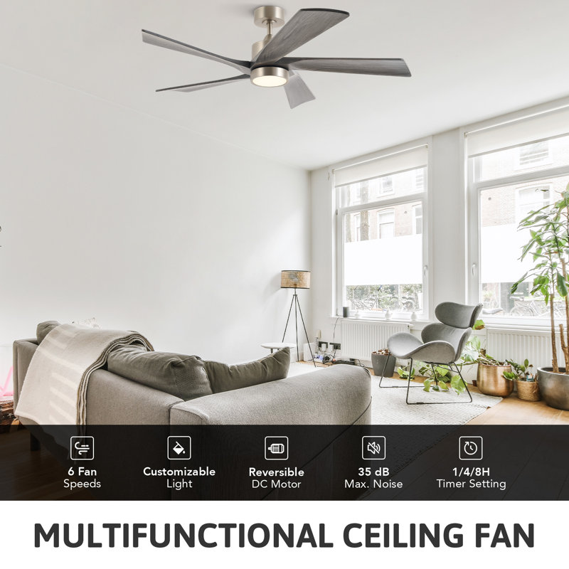 5-Blade Transitional Modern Solid Wood LED Ceiling Fan with Dimmable Light and Remote, Brushed Nickel with Gray Wood Blades