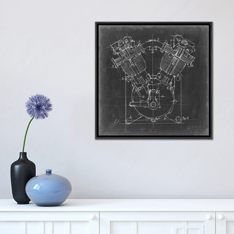 « Motorcycle Engine Blueprint II » par Ethan Harper, reproduction d’art, H 18 po x l 18 po x 1,5 po, Pas de tapis