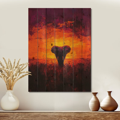 Éléphant d'Afrique au coucher du soleil II - Éléphant, décoration murale en bois animal - sur bois de pin naturel
