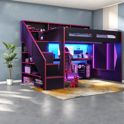 Lit Queen multifonctionnel avec rangement, mezzanine moderne en bois MDF pour jeux vidéo à domicile