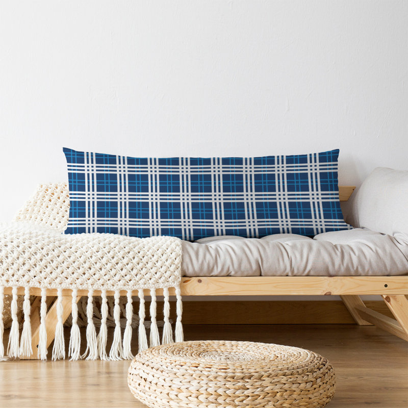 Luxury Plaid Polyester Body Pillow Medium Support Pillow, Navy Blue/Blue/White, Plush Fleece, Medium