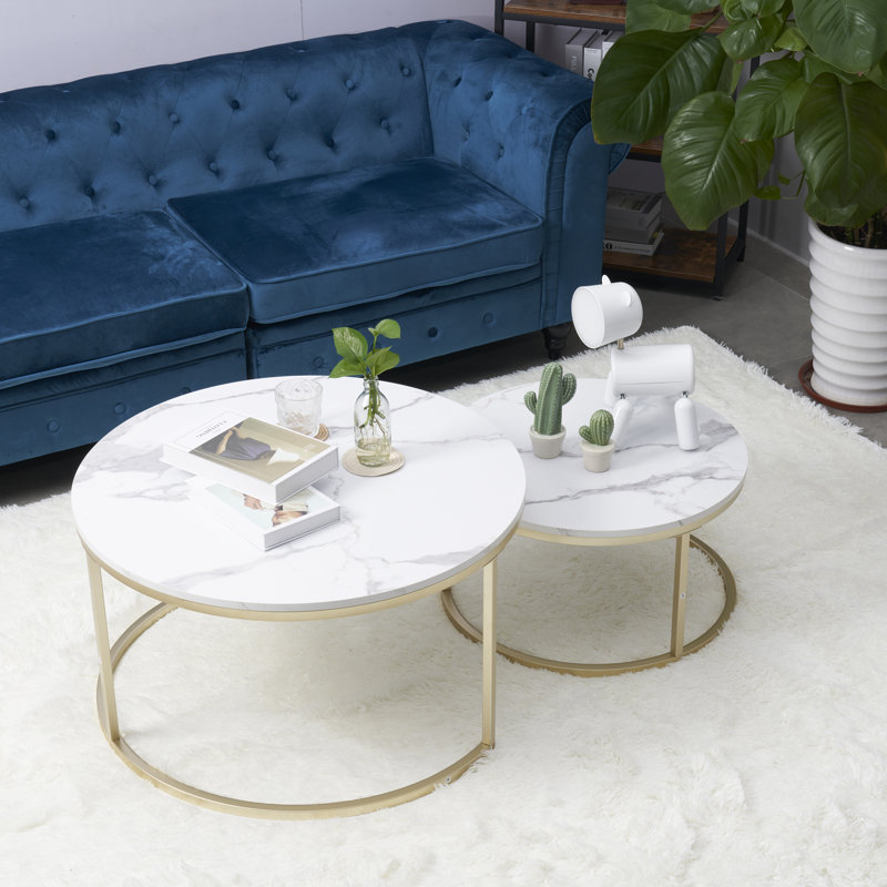 Emmaline Frame 2 Nesting Coffee Tables, Marble, White Top/ Light Golden Base