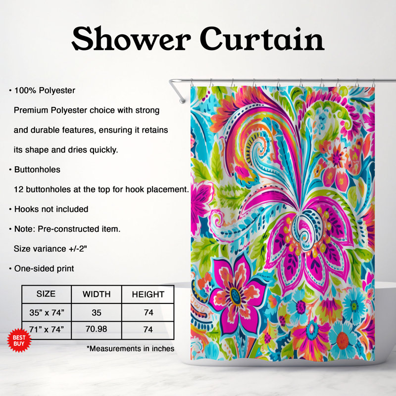 Rideau de douche 1 pièce Paisley Color Burst, H 74 po x l 71 po