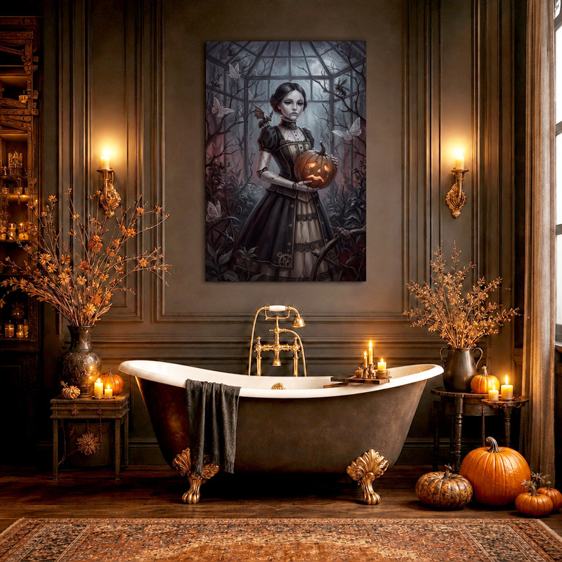 Poupée Steampunk tenant une citrouille lumineuse, tableau mural sur toile pour l'Halloween, 48"H x 32"W