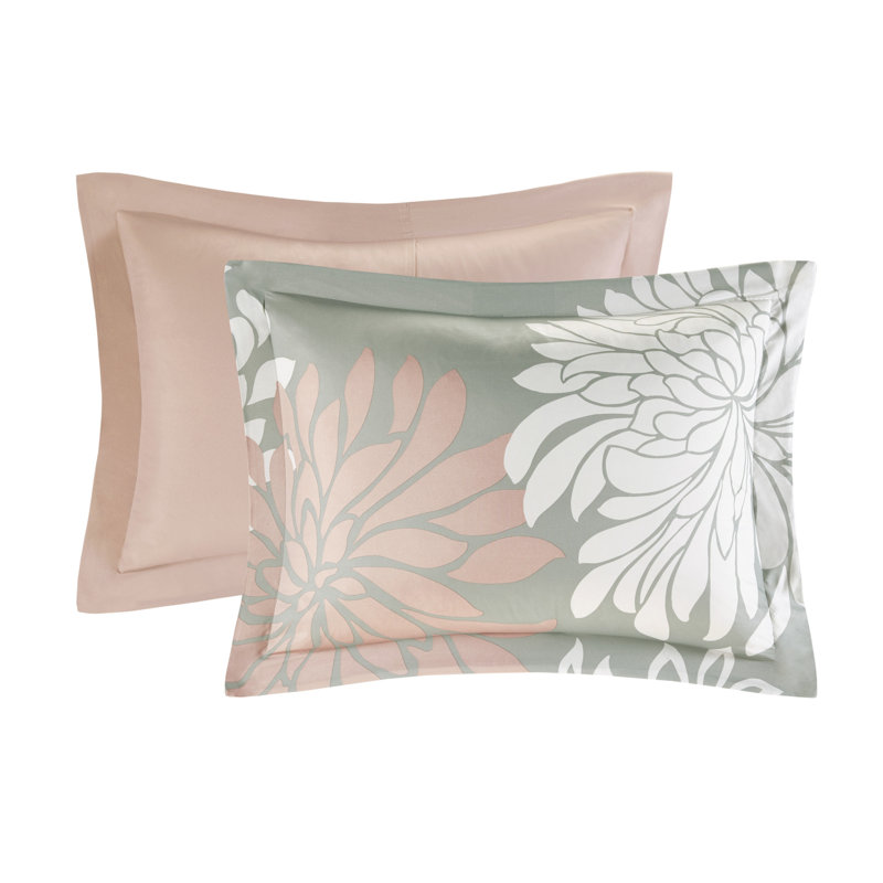 Ensemble d'édredon à motif floral avec draps en coton Maible, Édredon double + 1 jupe de lit + 2 taies décorat, Rosé / Gris