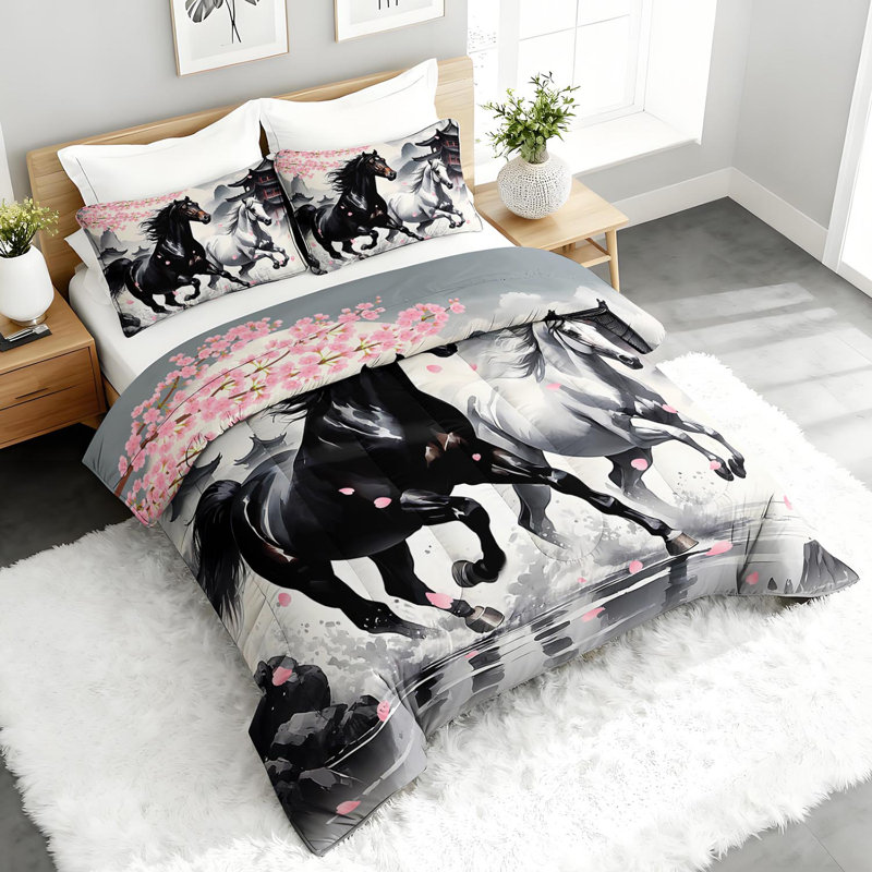 Ensemble d'édredon Majestic Horse, ensemble de literie d'inspiration japonaise avec 2 taies d'oreiller, literie douce et lavable à la machine, édredon toutes saisons pour le décor