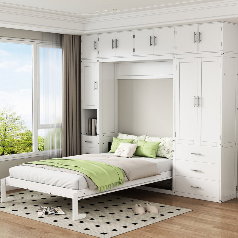 Lit blanc avec tablettes et armoires - Lit double économe en espace, avec casiers, armoires et construction fiable