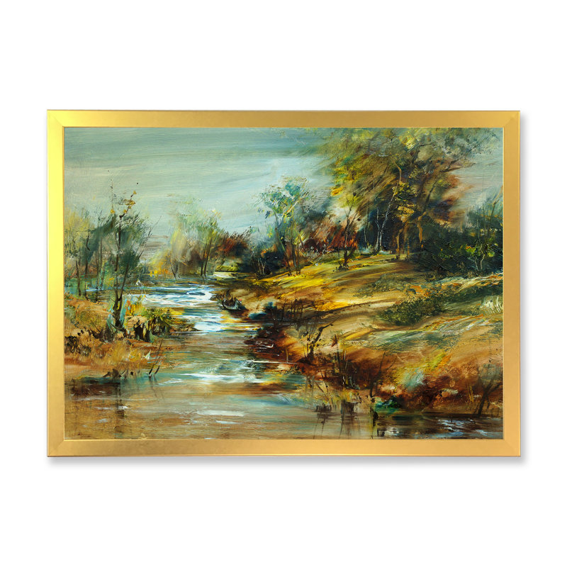 Paysage de rivière d'été - reproduction d'art sur toile, H 8 po x l 12 po x P 1 po, Cadre doré