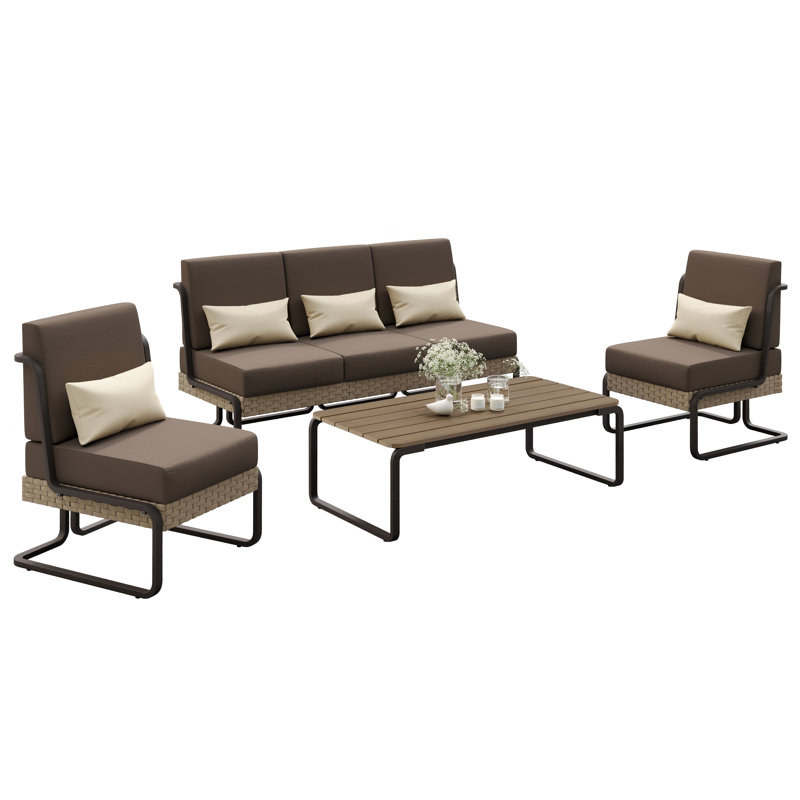 Ensemble de conversation d'extérieur à 5 places en aluminium et osier avec coussins et coussins Bricelynn, Brun, Kaki
