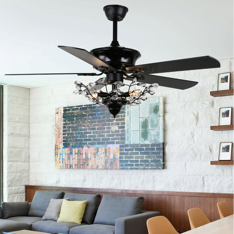 52" Black Crystal Chandelier Ceiling Fan with Remote and Reversible Blades