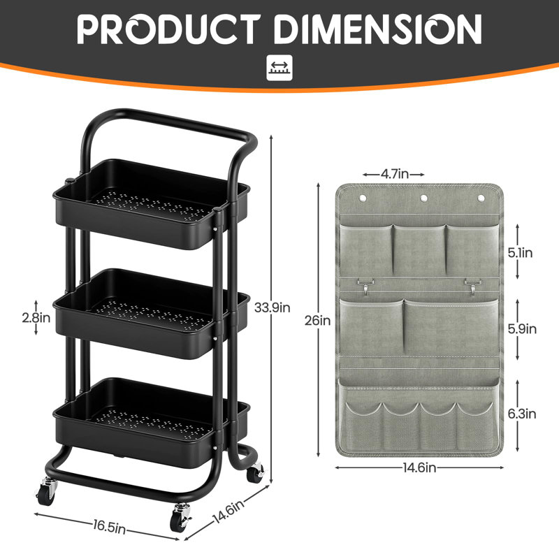 3 Tier Utility Rolling Cart with Side Bags and 9 Hooks