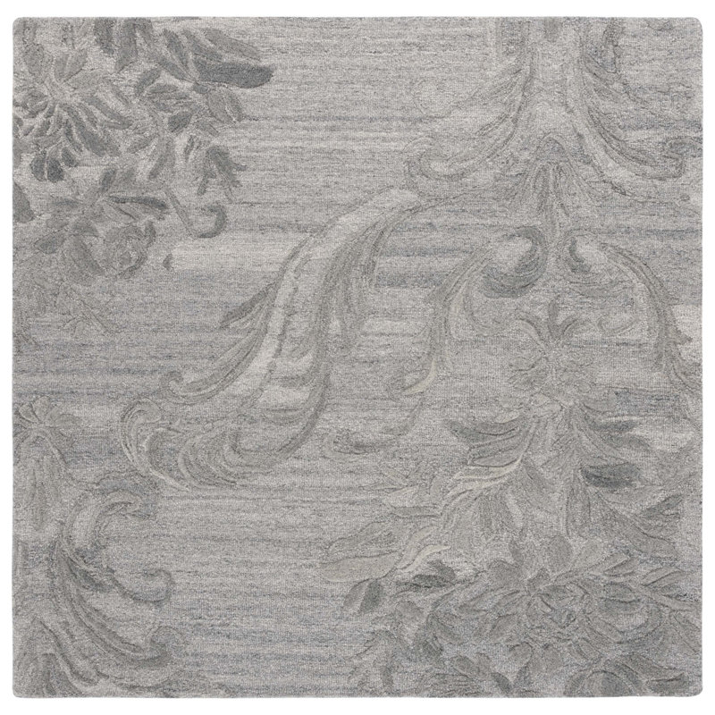 Tapis floral gris en laine / coton touffeté à la main Floral, Carré 6 pi