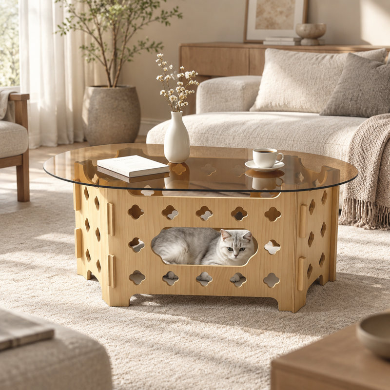 Table basse ovale de style champêtre avec plateau en verre trempé caramel et piètement en bois sculpté ajouré